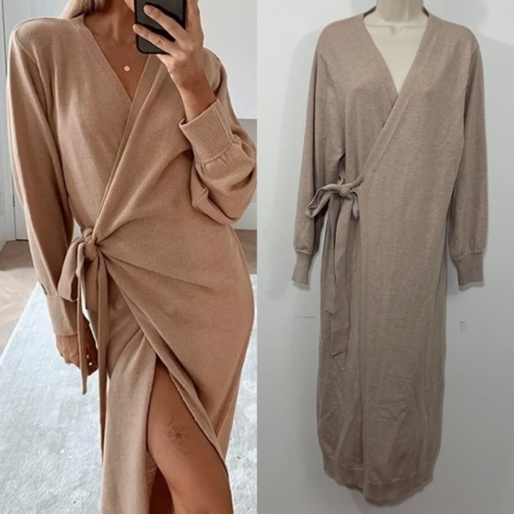 Exlura wrap sweater dress long sleeve size small tan